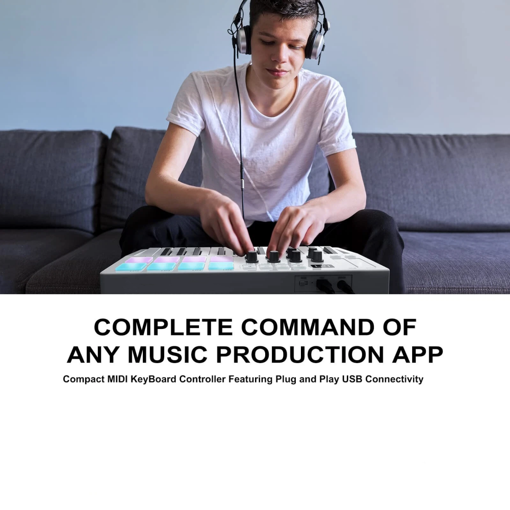 Portable 25-Key MIDI Keyboard Controller with RGB Pads & Wireless Control