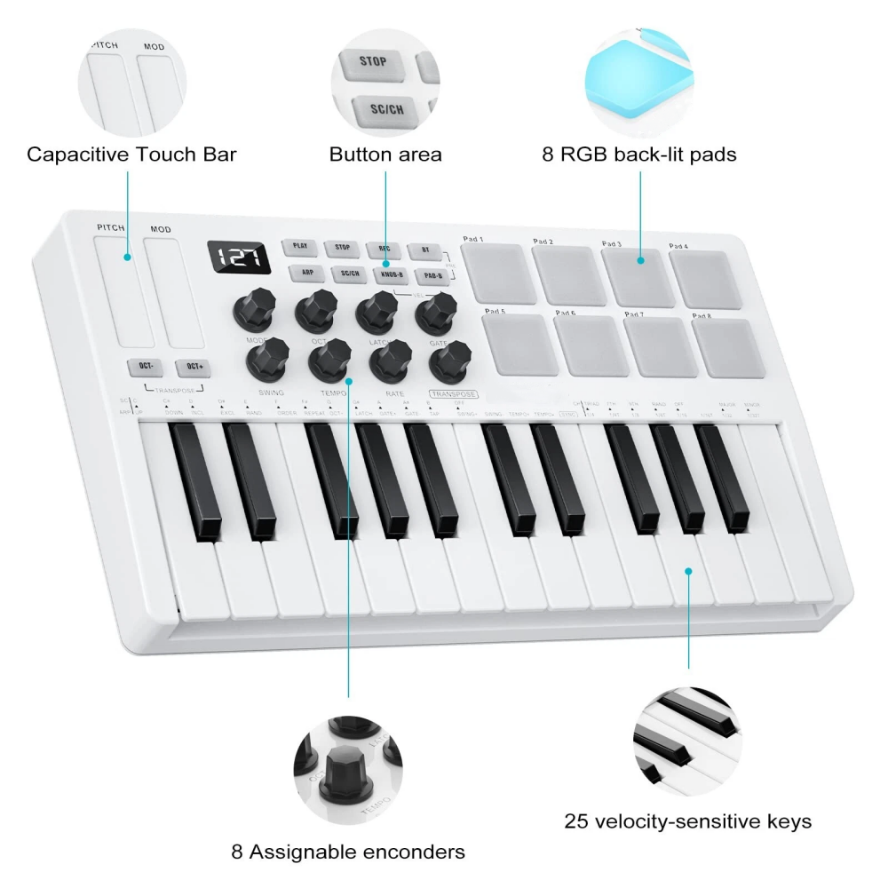 Portable 25-Key MIDI Keyboard Controller with RGB Pads & Wireless Control