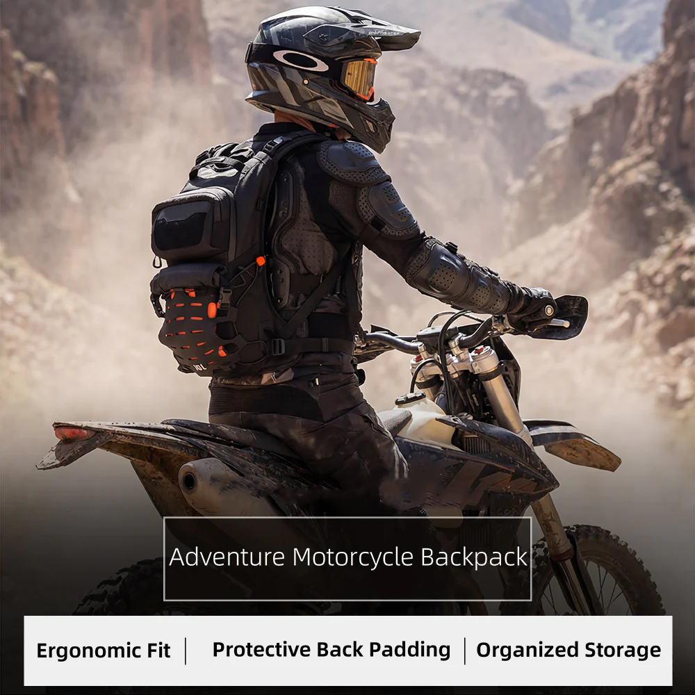 10L Adventure Motorcycle Backpack with Back Support & Rain Cover