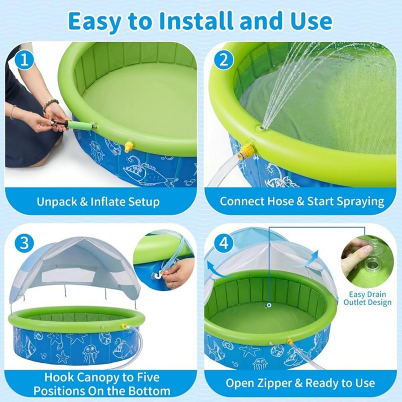 Portable Toddler Pool with Canopy Cover & Fun Water Spray
