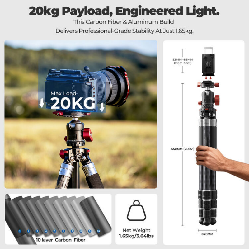 5-in-1 Carbon Fiber Tripod with Multi-Mode Shooting Flexibility