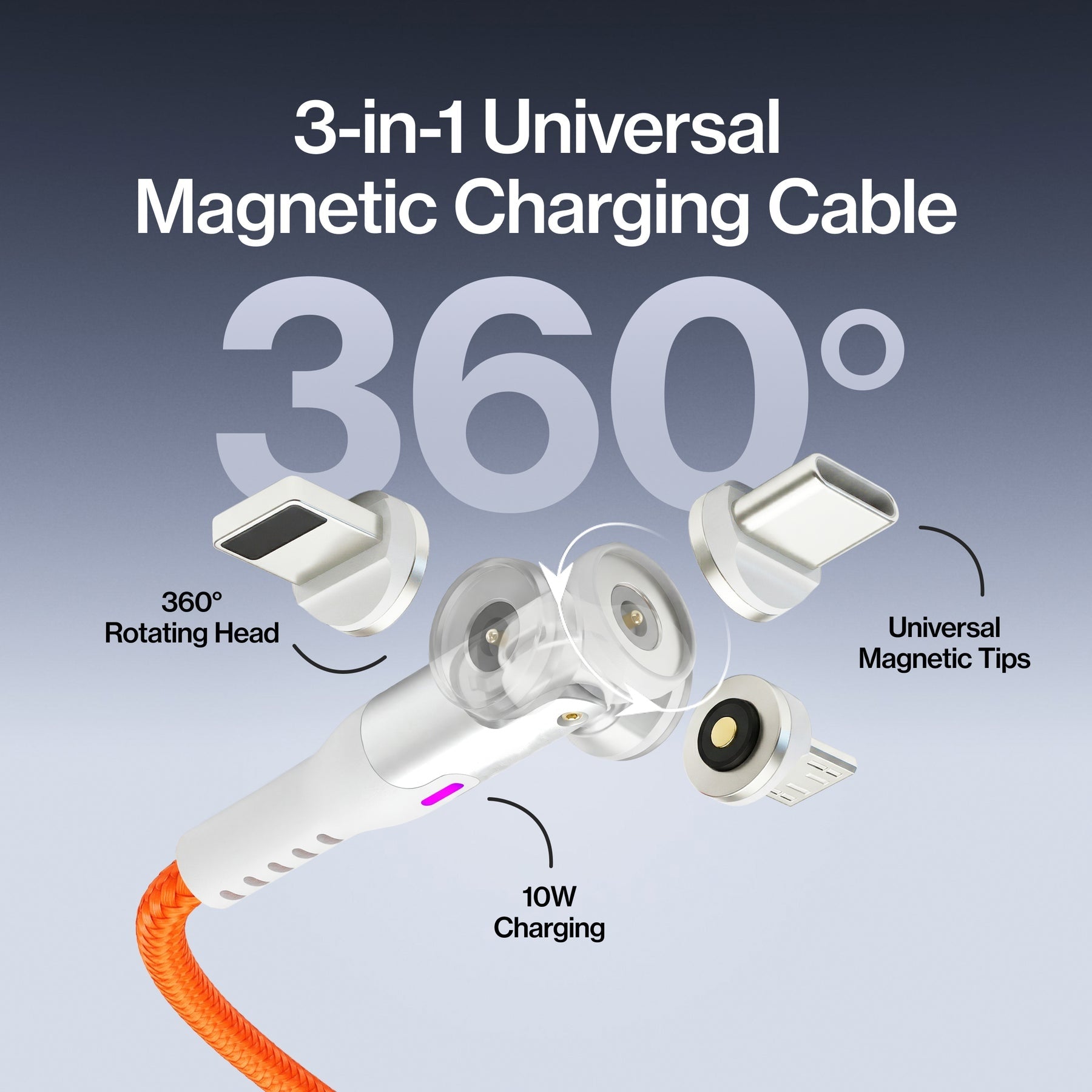 3-in-1 Universal Magnetic Charging Cable – 360° Swivel Fast Charging Cord for All Smartphones